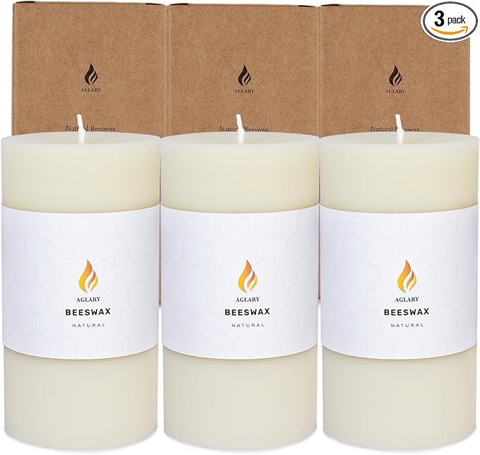 3PCS 3"x 6" Large Beeswax Pillar Candles, Made of Pure Natural Beeswax, with Ultra Long Burning Time and Low Allergenicity-White,82H