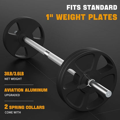 DASKING 4ft/4.9ft Barbell, 1-Inch Standard Detachable Bar, Portable Strength Training Bar for Weightlifting, Squat, Bench Press, Home Gym, 450LBS, Includes Silent Collars