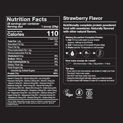 Huel Vegan Protein Powder | Strawberry | Complete Nutrition | 20g Protein Powder | 100% Plant-Based | 27 Vitamins & Minerals, Gluten Free, Non-GMO, Lactose Free | 26 Servings