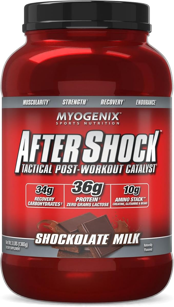 Myogenix Aftershock Post Workout, Unlimited Muscle Growth | Anabolic Whey Protein | Mass Building Carbohydrates | Amino Stack Creatine and Glutamine Plus BCAAs | Shockolate Milk - 3 LBS