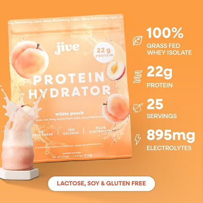 Jive Clear Protein Powder - 22g Grass-Fed Whey Isolate, 25 Servings - White Peach - 895mg of Electrolytes - Zero Added Sugar - Clear Drink Protein Water & Juice