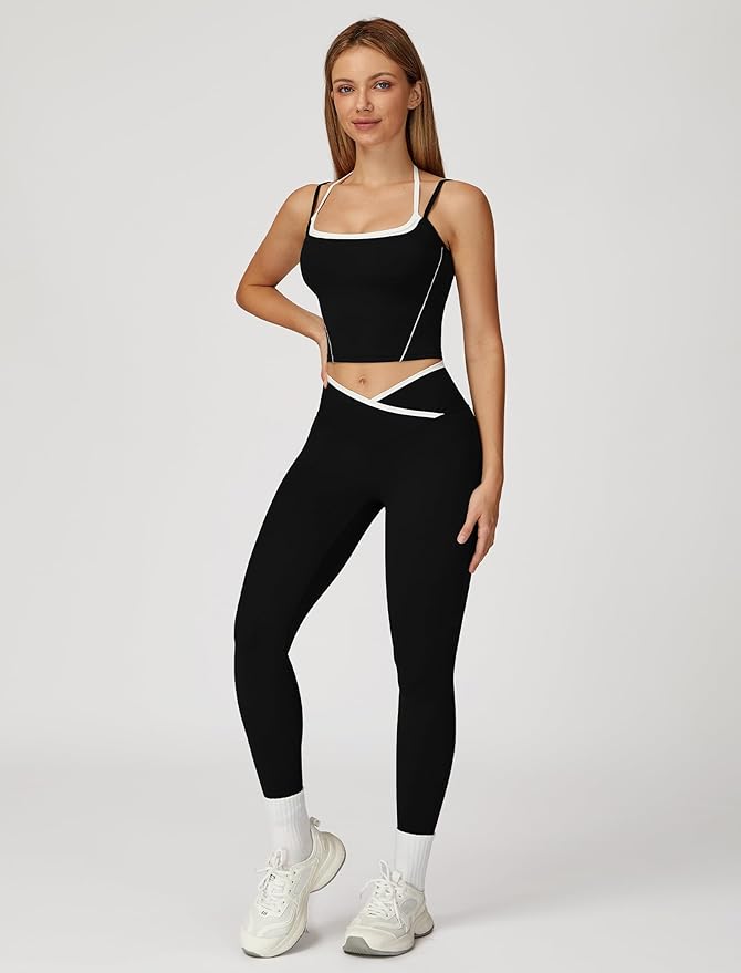 ABOCIW Workout Sets for Women 2 Piece Color Block Strappy Sports Bra High Waist Leggings Gym Yoga Pilates Outfits