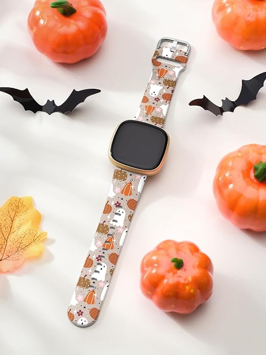 Watbro Halloween Holiday Band Compatible with Fitbit Versa 3 / Sense/Fitbit Versa 4 / Sense 2 Bands for Women Men,Soft Silicone Cute Sport Pumpkin Strap