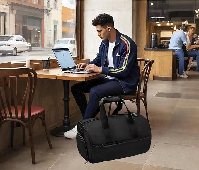 Gym Bag for Men Women, Duffle Bag with Shoe & Laptop Compartment, Waterproof Fitness Workout Sports Bag for Travel Overnight Weekend Swimming Yoga (Black, 42x25x20cm)