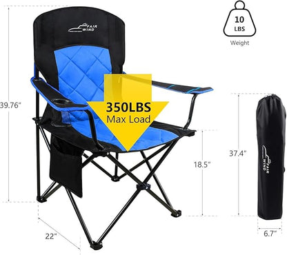FAIR WIND 2 Pack Oversized Fully Padded Camping Chair Heavy Duty Quad Fold Arm Chair Support 350 LBS with Cup Holder, Collapsible Lumbar Back Chair Portable for Outdoor, Blue