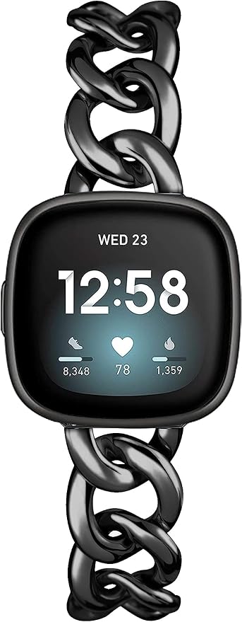 Cool Women Chain Metal Smartwatch Bands Compatible for Fitbit Sense/Fitbit Versa 3 Bands for Dressy Women, Metal Wristband Strap for Fitbit Sense 2/Versa 4 (Black)
