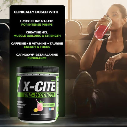 X-CITE Pre-Workout by ATHLEAN-X - Enhanced Formula with Beta-Alanine, Creatine & Caffeine for Energy, Endurance, Focus & Muscle Pump, NSF Certified for Sports (22 Servings, Sunny Pink Lemonade)