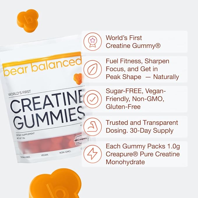 Creatine Gummies for Men & Women - Creatine Monohydrate, L-Theanine, L-Tyrosine & B12 for Muscle Growth, Strength, and Focus, Peach Mango, 3 Pack