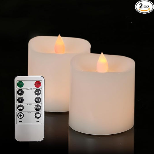3x3 Flickering Flameless Candles Set of 2,3 inch Real Wax LED 600 Hours Battery Candles with Timer Remote,Control for Wedding Party Indoor,Ivory