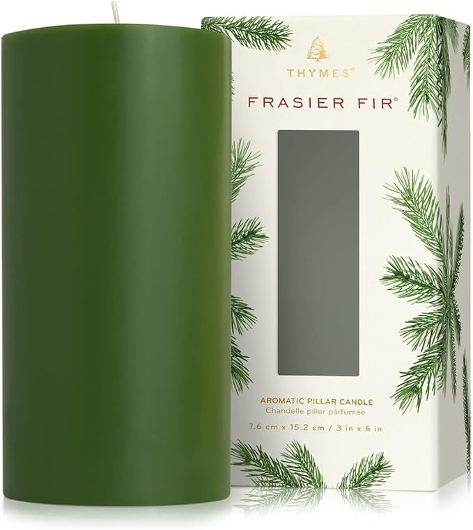 Thymes Frasier Fir Scented Candles for Home Decor - Green Pillar Candles for Women & Men - Place on Candle Holder - Luxury Home Fragrance Gifts - Large (3" x 6" Pillar)