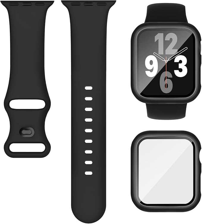 Compatible for Apple Watch Band 40mm 41mm and Case with Screen Protector, Soft Silicone Sport Strap Bands and Protective Cover with Tempered Glass for iWatch Series 9 8 7 SE 6 5 4