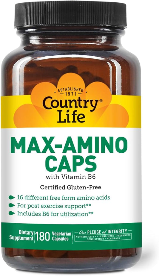 Country Life Maxi-Amino with 16 Free Form Amino Acids, 180 Vegetarian Capsules, Certified Gluten