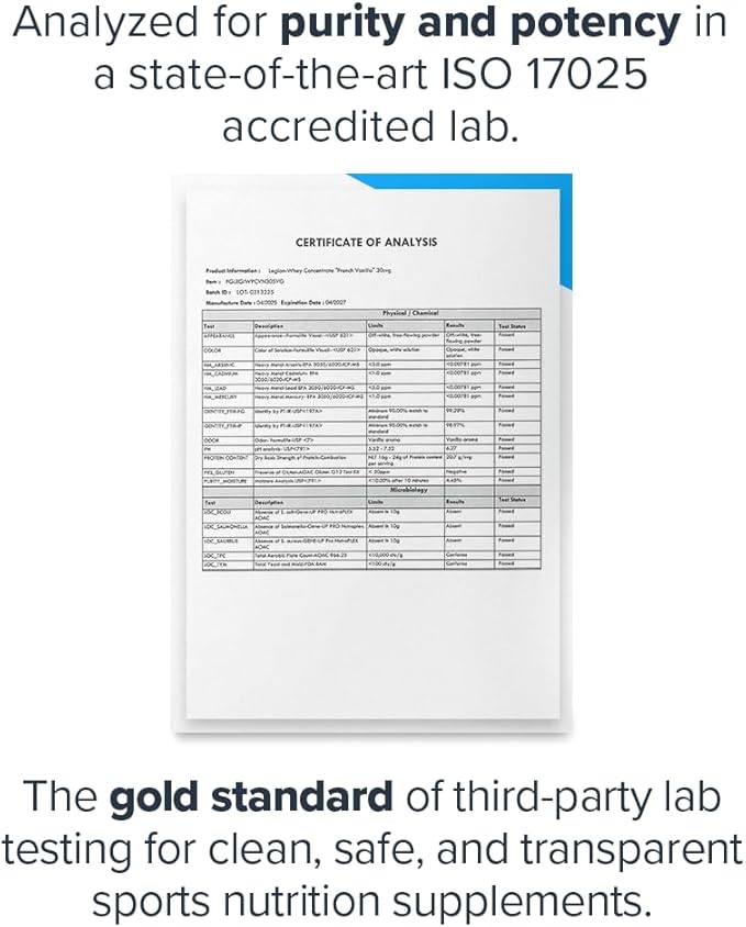 LEGION Whey Protein Powder - Naturally Flavored Whey Protein Concentrate with BCAAs - Supports Muscle Growth & Recovery, Gluten Free, No Added Sugar Protein Powder - Vanilla Flavor (30 Servings)