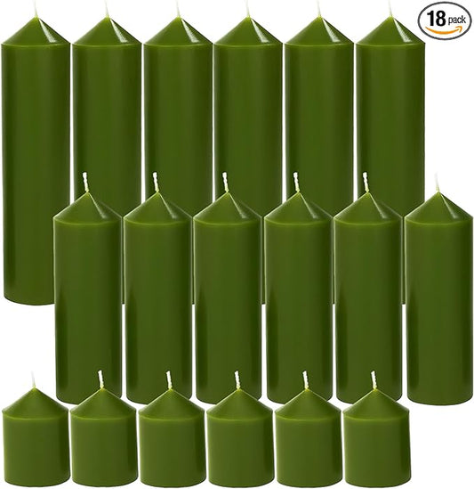 18 Pcs Green Pillar Candles Bulk Set，Hurricane Candlesï¼? Different Lengths (6 Each)，Dripless Unscented Smokeless，Gives You a Better Atmosphere When Organizing Wedding or Event Party.