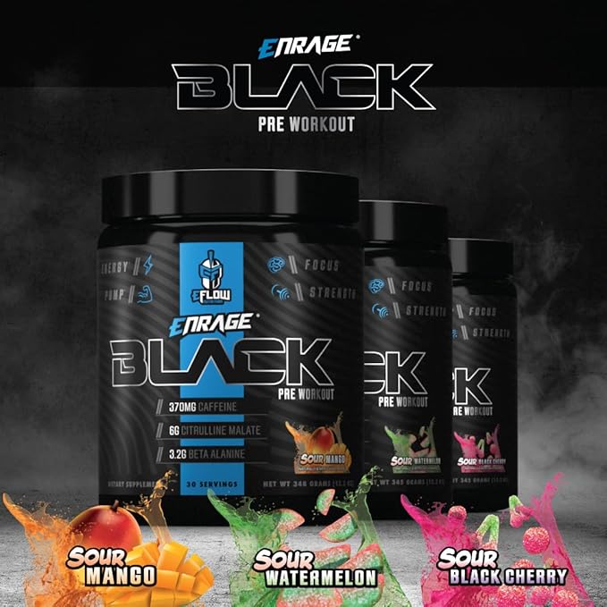 eFlow Nutrition Enrage Black High Stimulant Pre Workout Supplement - Preworkout Powder to Boost Energy, Pumps and Strength - 4 Flavors (30 Servings) (Sour Mango)