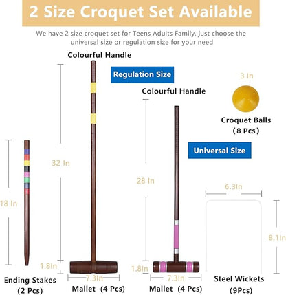 Deluxe 8 Players Croquet Set with 32In Regulation | 28In Standard Size Rubber Wood Mallets, Colored PE Ball, Wickets, 21In End Stakes - Lawn Backyard Game for Teens/Adults/Family