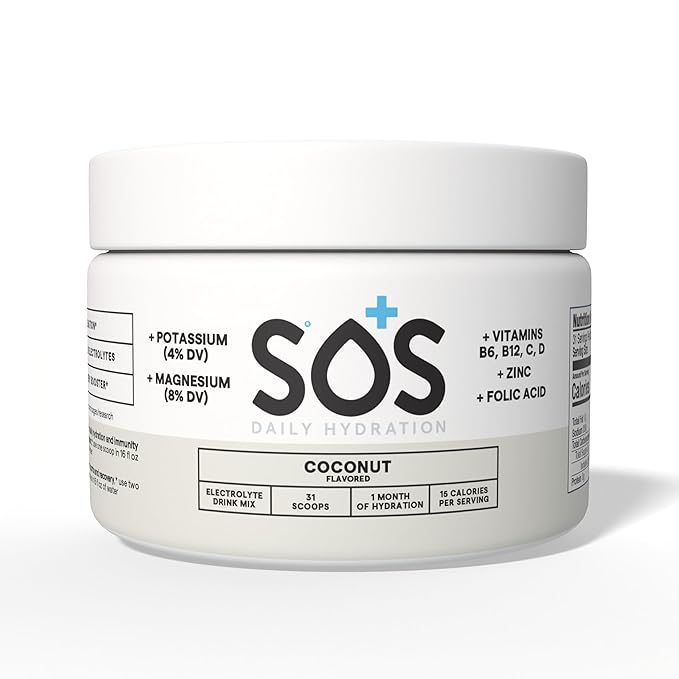 SOS Hydration Coconut Electrolyte Drink Mix (31 Servings) – Low Sugar, 15 Calorie, Keto-Friendly & Rapid Rehydration