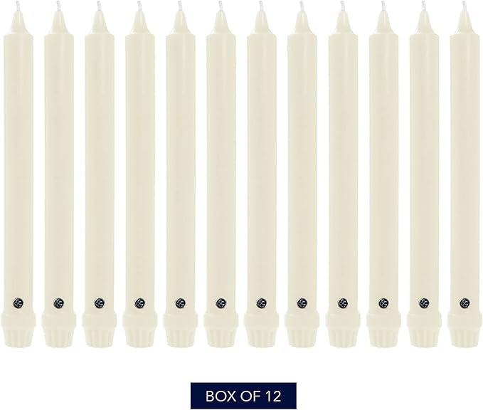 Colonial Candle Unscented Taper Candle, Classic Collection, Ivory, 8 In, Pack of 12 - Up to 6 Hours Burn