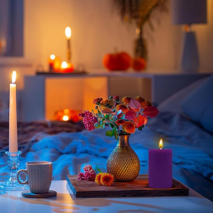 Set of 3 2x3 Inch Mix Colored Pillar Candles, Unscented Dripless Small Red, Brown, Purple and Navy Blue Cylinder Wax Candles for Home Power Outage Dinner Table Decoration - 24 Hours Burn