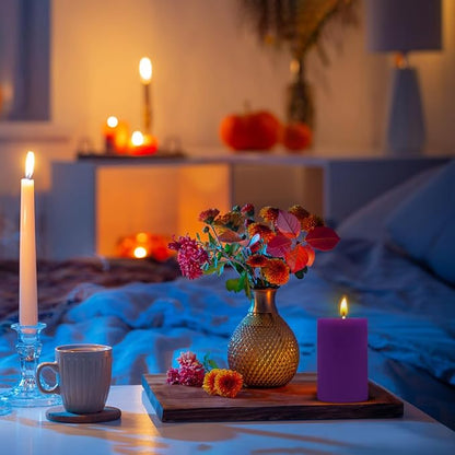 Set of 3 2x3 Inch Mix Colored Pillar Candles, Unscented Dripless Small Red, Brown, Purple and Navy Blue Cylinder Wax Candles for Home Power Outage Dinner Table Decoration - 24 Hours Burn