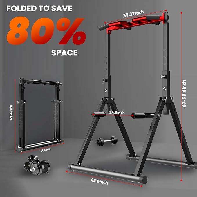 Power Tower Pull Up Dip Station Foldable, Pull Up Bar Station Adjustable, Multi-Function Home Gym, Strength Training Fitness Equipment, Triangular Design, for Home Outdoor