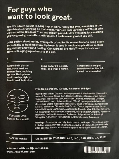 BRO MASK: Korean Face Mask for Men | 2 Pc. Hydrating Anti Aging Sheet Masks Contain Vitamin C, Vitamin E, Hyaluronic Acid, Hydrolyzed Collagen for Face Care, Acne Treatment (4 X 4 Packs)
