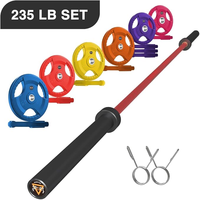 7FT Olympic Barbell Bar with Weight Plate Set Combo, Solid Olympic Bar with Bearings, 700Lbs Capacity Weight Bar for Home Gym Strength Training, Weightlifting, Powerlifting, Fit for 2" Olympic Plates
