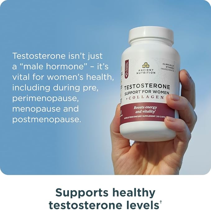 Ancient Nutrition Testosterone Support + Collagen Supplement, Hydrolyzed Collagen Peptides, Key Clinically Studied Superfoods Support Female Hormone Balance & Healthy Testosterone Levels, 90 Capsules
