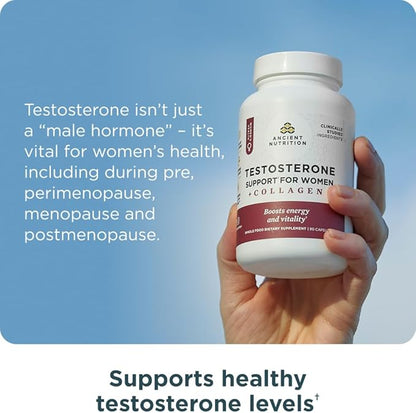 Ancient Nutrition Testosterone Support + Collagen Supplement, Hydrolyzed Collagen Peptides, Key Clinically Studied Superfoods Support Female Hormone Balance & Healthy Testosterone Levels, 90 Capsules