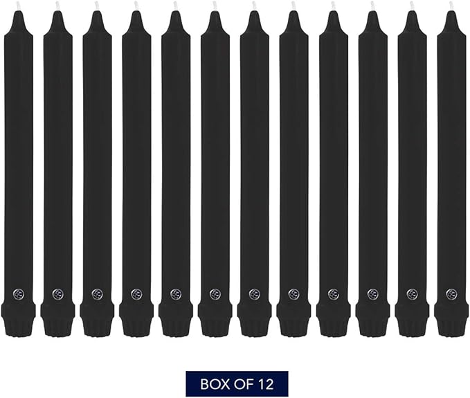 Colonial Candle Unscented Taper Candle, Classic Collection, Black, 8 In, Pack of 12 - Up to 6 Hours Burn