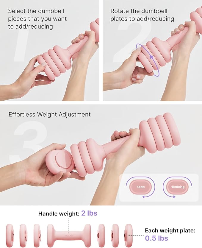 YOTTOY Adjustable Dumbbell Set of 2, 4-in-1 Hand Weights for Women at Home, Compact Free Weights Dumbbells Set with Soft Grip and Base, 2-5 lbs Each for Home Gym