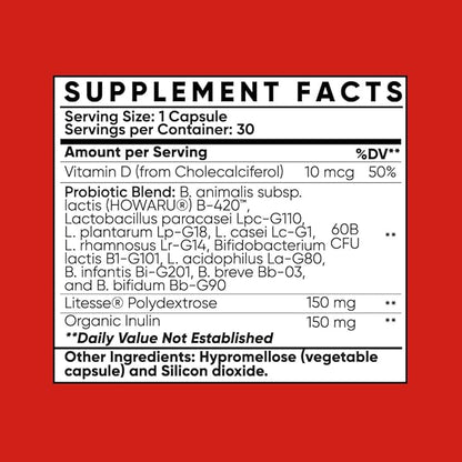 Probiotic Fit for Men & Women, Bifidobacterium Lactis B-420, Digestive & Gut Health, 60 Billion CFU, Prebiotic + Vitamin D3, 30 Cnt