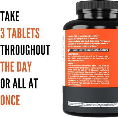 Crazy Muscle Creatine Pills, 5g 3X Pure Creatine Monohydrate, Pre Workout Bulk Muscle Mass Gainer, High Absorption Easy to Take ThreeAtine 3 Type Optimum Performance for Lean Growth, 90 Tablets