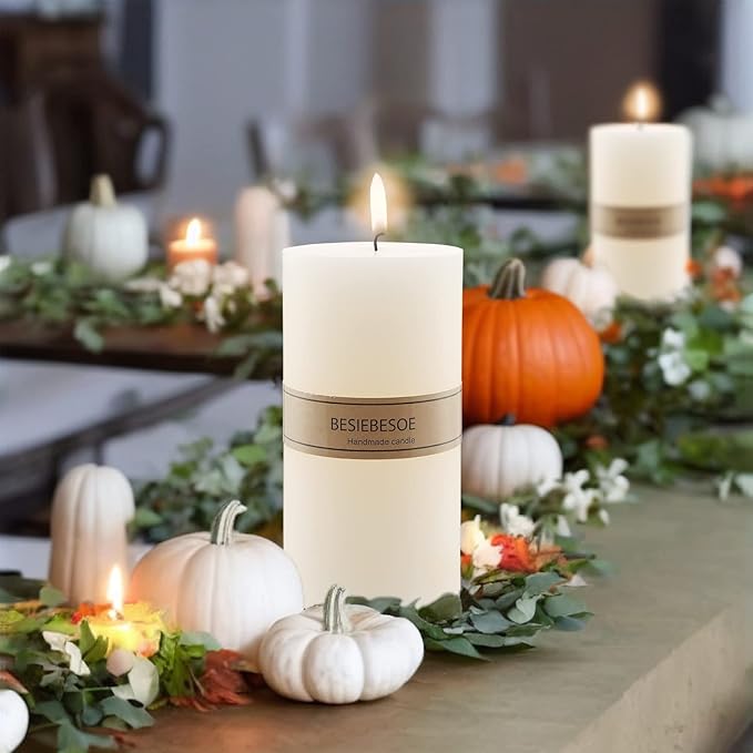 3 x 8 Ivory Pillar Candles Set of 6 Unscented Handpoured Weddings, Home Decoration, Restaurants, Spa, Church Smokeless Cotton Wick 360 Hour