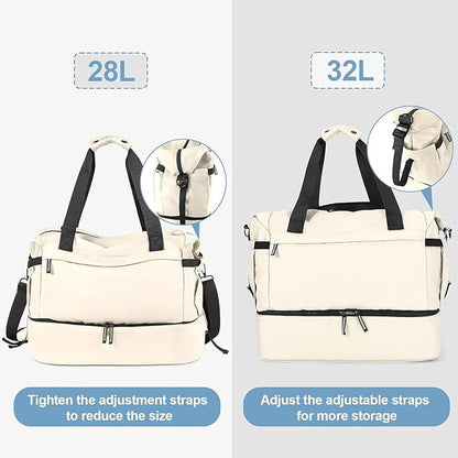 Gym Bag for Men Women, Tactical Travel Duffel bag with Removable Dividers & Shoe Compartment, Weekender Carry on Bag with Toiletry Bag, Overnight Range Bag for Workout Soccer Yoga Gym (White)