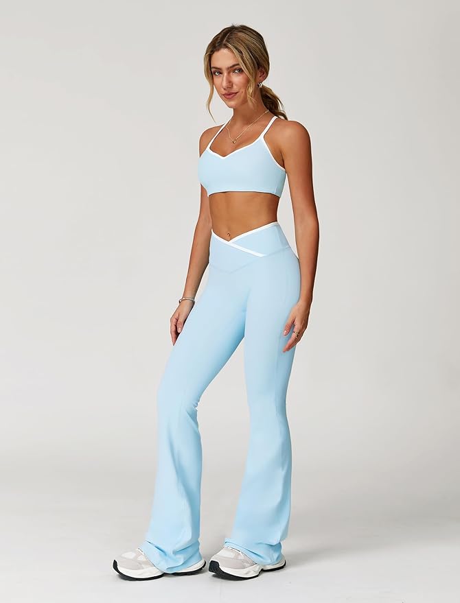 ABOCIW Workout Sets for Women 2 Piece Color Block Strappy Sports Bra High Waist Leggings Gym Yoga Pilates Outfits