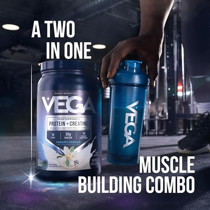 Vega Protein + Creatine - 30g Plant-Based Protein, Vanilla, 20 Servings, 3g Creatine, 5g BCAAs, Vegan, Keto, Gluten Free, Dairy Free, Low Carb, for Muscle Growth & Repair, Drink Mix, 33.9oz