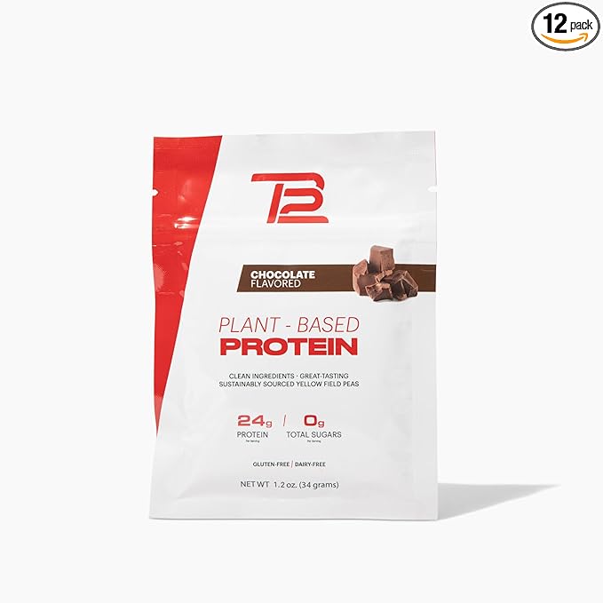 TB12 Plant Based Protein Powder by Tom Brady, 24g of Vegan Pea Protein, Low Sugar, Low Carb, Non-GMO, Meal Replacement, Keto Friendly, Paleo, Sugar Free, Chocolate Flavor (1.12 Ounce / 12 Pack)