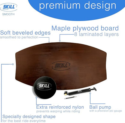 The Skill Board - Wooden Balance Board for Adults - Wobble Board for All Sports, Gym, Standing Desk, or Yard Games - Balance Trainer, Fitness Ball, Ball Pump, Grip Tape