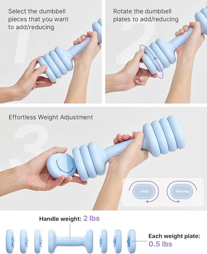 YOTTOY Adjustable Dumbbell Set of 2, 4-in-1 Hand Weights for Women at Home, Compact Free Weights Dumbbells Set with Soft Grip and Base, 2-5 lbs Each for Home Gym