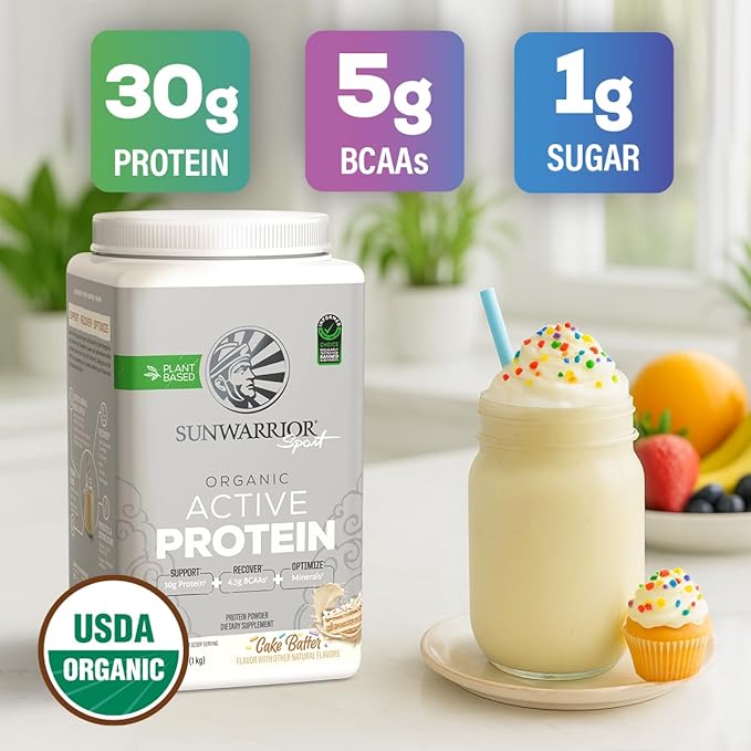 Sunwarrior Organic Plant Based Protein Powder | Vegan Organic Protein Powder with BCAA Amino Acids Plus Recovery Minerals & Botanicals | Non-GMO Soy Dairy & Gluten Free (Cake Batter, 20 Servings)
