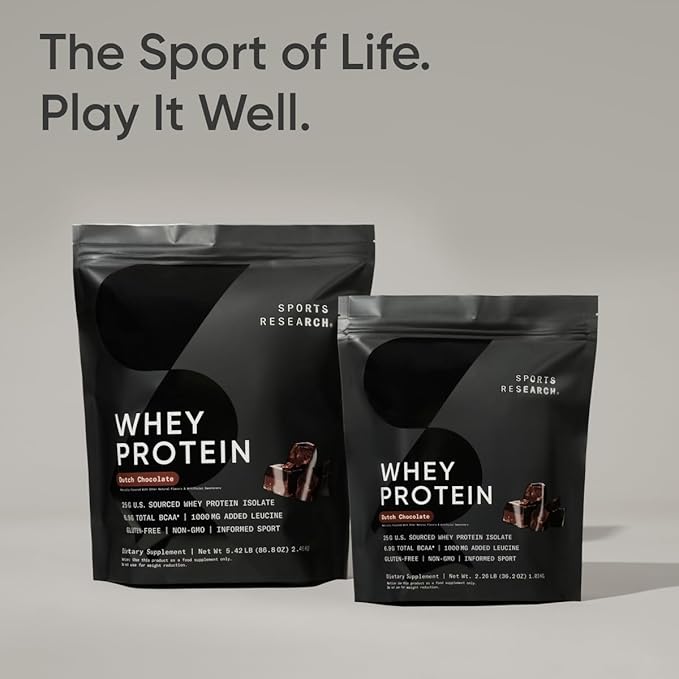 Sports Research Whey Protein Isolate - Sports Nutrition Protein Powder 25g per Scoop - 2lb Bag Whey Protein - Dutch Chocolate Bulk Protein Powder, 25 Servings
