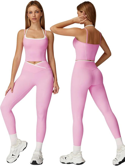 ABOCIW Workout Sets for Women 2 Piece Color Block Strappy Sports Bra High Waist Leggings Gym Yoga Pilates Outfits