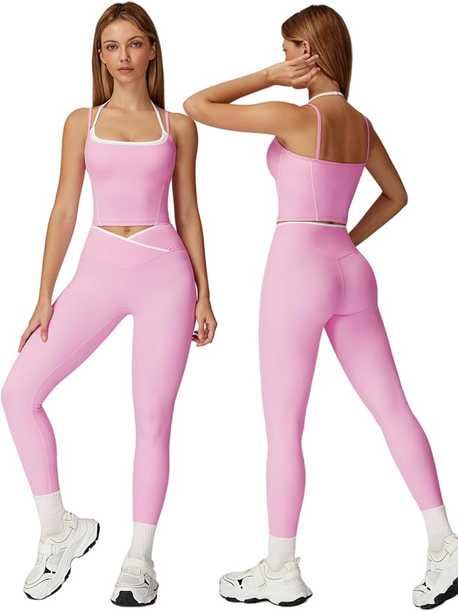 ABOCIW Workout Sets for Women 2 Piece Color Block Strappy Sports Bra High Waist Leggings Gym Yoga Pilates Outfits