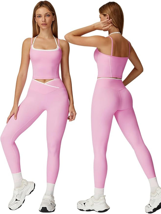 ABOCIW Workout Sets for Women 2 Piece Color Block Strappy Sports Bra High Waist Leggings Gym Yoga Pilates Outfits