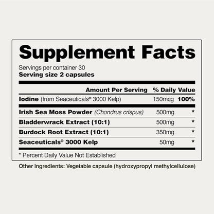 Snap Supplements Irish Sea Moss Capsules with Bladderwrack, Burdock Root & Iodine ??Supports Energy, Immune Health, Digestion & Skin ??60 Capsules