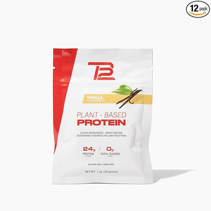 TB12 Plant Based Protein Powder by Tom Brady, 24g of Vegan Pea Protein, Low Sugar, Low Carb, Non-GMO, Meal Replacement, Keto Friendly, Paleo, Sugar Free, Vanilla Flavor (1.12 Ounce, Pack of 12)