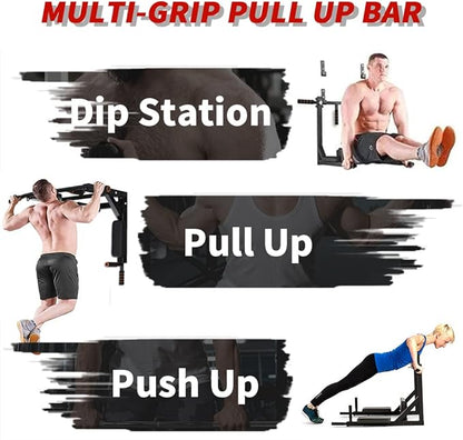 ptlsy Wall Mounted Pull Up Bar Multifunctional with Multi-grip Chin Up Bar Heavy Duty Dip Station for Home Gym Indoor Workout, Fitness Equipment, Dip Stand Supports to 440 Lbs