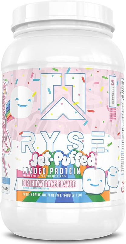 RYSE Loaded Protein Powder - Jet-Puffed Birthday Cake - 25g Whey Protein Isolate & Concentrate with Prebiotic Fiber & MCTs - Low Carb, Low Sugar, Digestive-Friendly - 27 Servings / 2 lb Tub