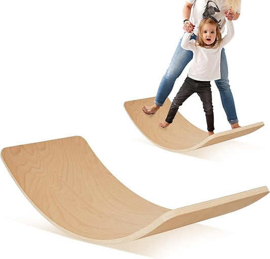 Balance Board, 32 Inch Wooden Wobble Board, Montessori Rocker Yoga Curvy Board Natural Wood, Open Ended Learning Toy, Sensory Play Equipment for Office & Classroom, Multiple Colors